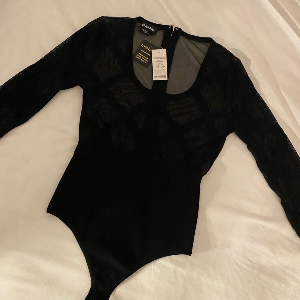 bebe Black Long Sleeve Mesh Bodysuit